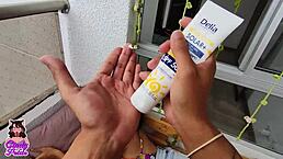 Petite Colombian Slut Balcony Rides Big Cock Spanked Cum Tits