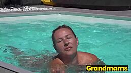 Granny's saggy huge tits jiggle in solo dildo fuck pov