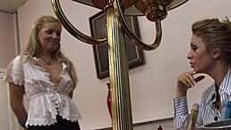 office boss and secretary in lingerie... ever seen blondes strap-on fuck while munchin shaved pussies at work?