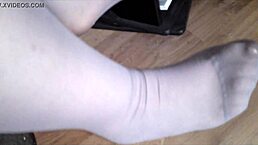 german bbw girlfriend teases in pantyhose showing nylon feet and toes