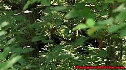 busty bound sub takes outdoor facial after rough pounding