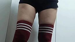 cheeky slut tries topless thigh highs sans panties in change room?