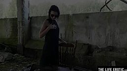 Edgy Petite Brunette in Fishnets Masturbates to Squirting Pee Fountain Orgasm