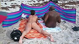 Caribbean NUDE BEACH CUCKOLD: Busty Milf Wife Rides BBC While Husband Watches