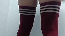 cheeky slut tries topless thigh highs sans panties in change room?