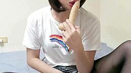 tingxuan in black stockings barefoot, my shemale cock craves your mouth