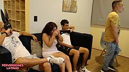 Husband invites work friends over. Hotwife enjoys gangbang in middle.