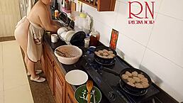 Naked housewife Regina Noir cooks nude in kitchen