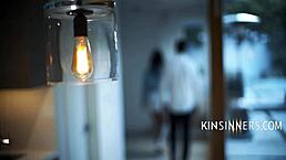 shy brunette miniskirt tempts in family cinema fantasy