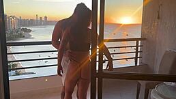 Tattooed latina bends over for sensual sunset cowgirl pounding