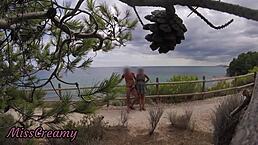 french girl strokes flashing cock to beach cumshot