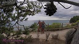 french girl strokes flashing cock to beach cumshot