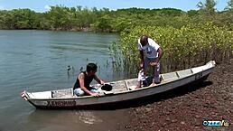 Fishermen double penetrate skinny ebony babe on boat wildly