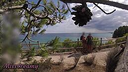 french girl strokes flashing cock to beach cumshot