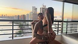 Tattooed latina bends over for sensual sunset cowgirl pounding