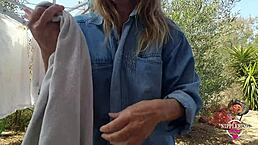 Nippleringlover's kinky mom flashes pierced nipples outdoors