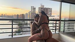 Tattooed latina bends over for sensual sunset cowgirl pounding