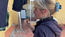 Accidental homemade blowjob with neighbor cum in mouth laundry room