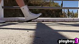 Hey, check out blonde Olivia Preston stripping her petite naked body outdoors!