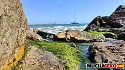 Spanish babe's juicy shaved pussy fucked cowgirl on public beach - what if neighbors catch us at muchasexo!