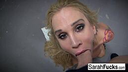 Blindfolded milf Sarah Jessie gives hot POV blowjob