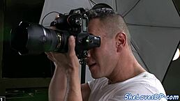 classy european babe in heels takes dp at photoshoot