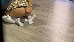 Stepdaughter's huge ass stuffed with school uniform dildo while i jerk to her moans