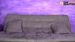 Sexy redhead babe licks sucks bare nylon pantyhose feet legs toes fetish close-up