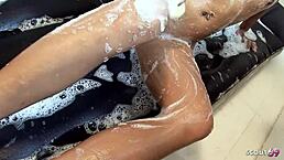 Skinny Thai teen's narrow ass takes raw tourist pounding at soap massage