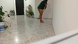 curvy mexican neighbor cleans her new apartment all chubby and casual