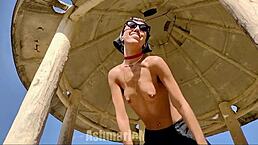 A sexy latina slut dances topless flashing her thong panties ass and small tits publicly