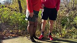 Chubby Milf Mother-in-Law Grips Dick in Pantyhose Outdoor Pee