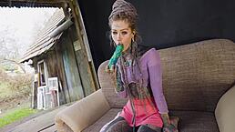 Inked hippy babe masturbates solo shoving dildo deep in gaping asshole for intense orgasm ride