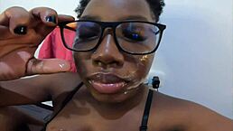Ebony Nerd Slut Jhodez1 Sucks Dick Deep Kisses Wet Lips for Massive Facial Cumshot on Huge Boobs